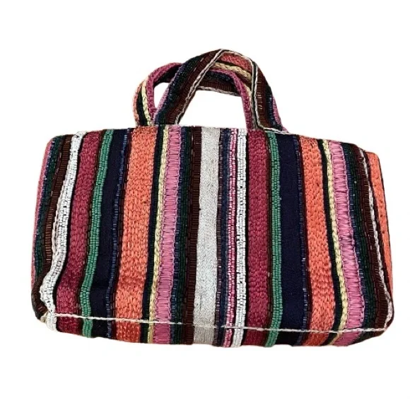 Vintage Multi-Colored Striped Raffia & Seed Beads Purse | Short Fabric Handles - Picture 1 of 7